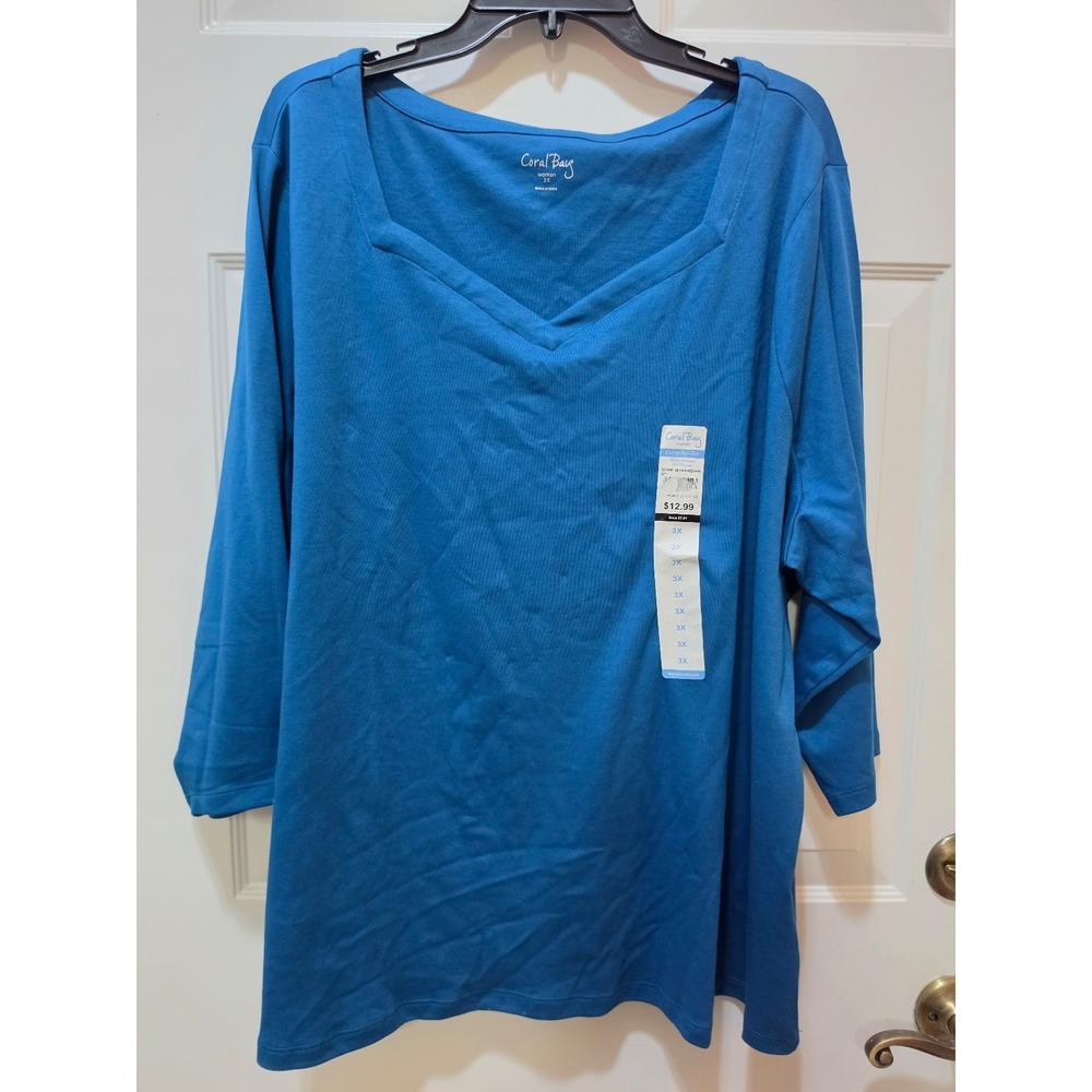 NWT Coral Bay Woman Everyday Tee Teal Blue 3/4 Sleeve Sweetheart Neck Plus 3X